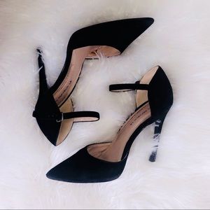 Black suede pumps with ankle strap